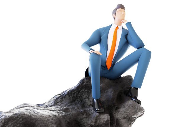 成功的商人西装革履，坐在山巅的岩石上。思维的商人。解决问题，分析问题，找到解决方案的概念。3D效果图图片下载