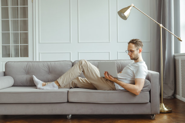 年轻的欧洲人自由职业者正坐在客厅舒适的沙发上，在笔记本电脑上工作图片下载