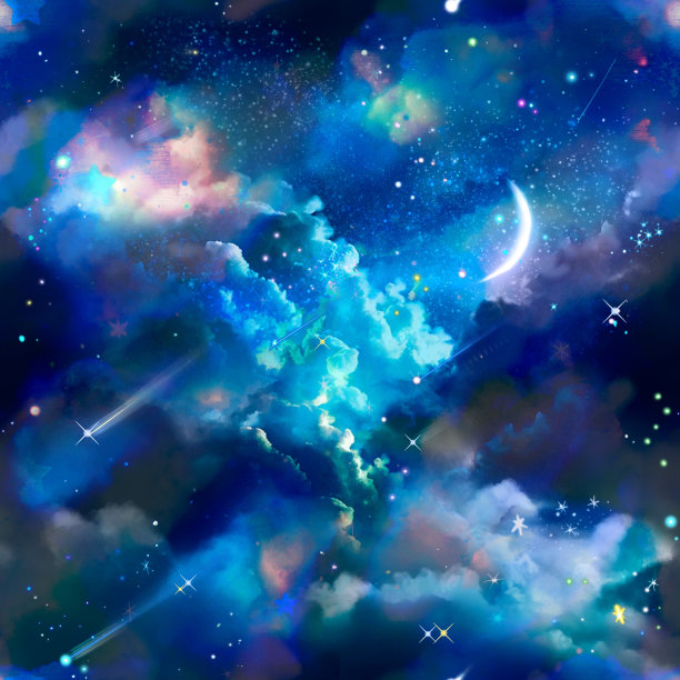 无缝模式的正方形类型的夜空插图与蓬松的云，星星和新月图片下载