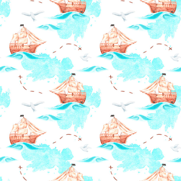 无缝图案的船在大海和海鸥。水彩插图。孤立在白色背景上图片下载