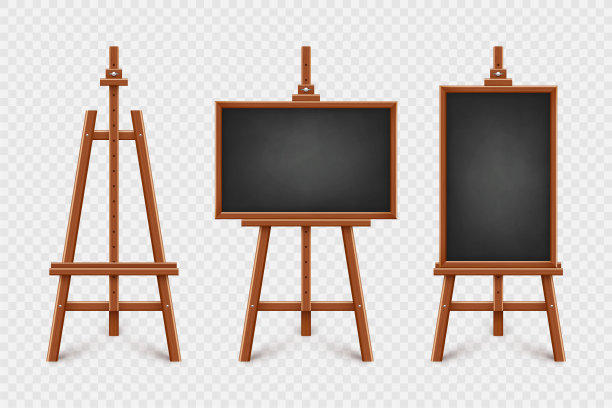 真实的黑色黑板在木制画架上。三脚架上木框的空白黑板。展板，文字书写面，绘图面。在线学习，学习模型。矢量图图片下载