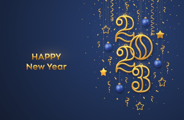 2023年新年快乐。悬挂金色金属数字2023与发光的3D金属星星，球和五彩纸屑在蓝色背景。新年贺卡、横幅模板。逼真的矢量插图。图片下载