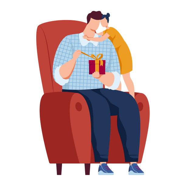 成年男子和小女孩坐在沙发上，小女孩送了一个礼品盒。爸爸和女儿为新年或生日送礼物矢量插图孤立在白色图片下载
