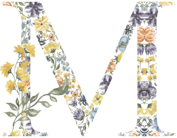 野花M字母剪纸，开花字母设计。水彩花字母组合插图孤立在白色背景。图片下载
