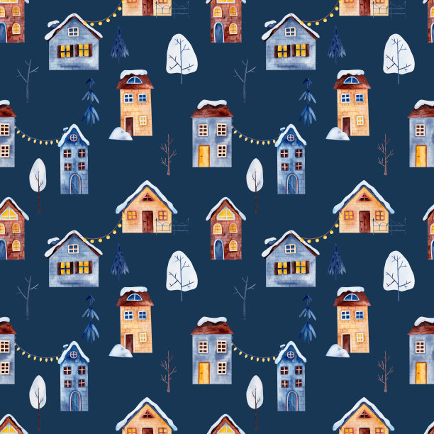 假日无缝图案与建筑，树木，花环为印花，织物，旗帜。图片下载