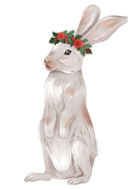 头上戴着圣诞花环的灰野兔。水彩插图孤立在白色背景上。图片下载