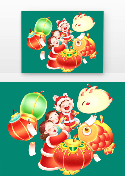 元宵节一家人团圆猜灯谜看花灯兔年兔子花灯图片下载