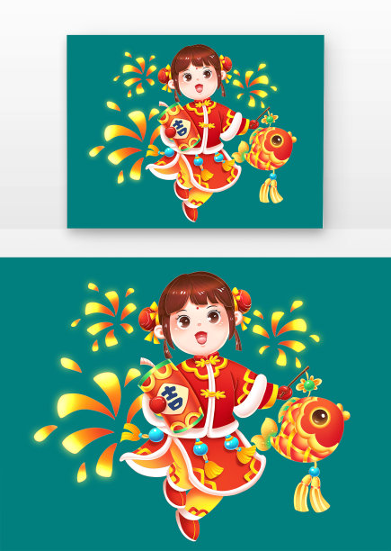 国潮春节新春喜庆福娃爆竹锦鲤花灯手提灯笼图片下载