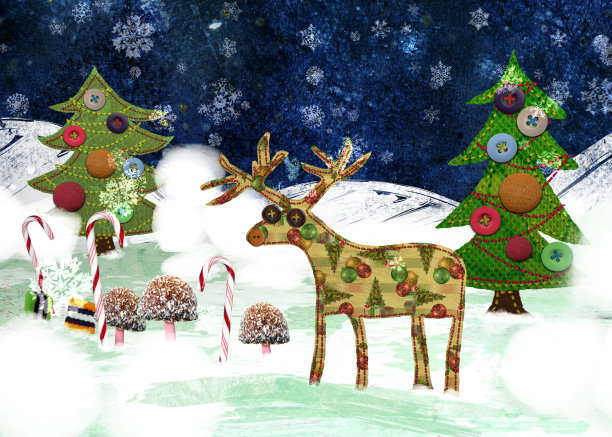 雪地里的驯鹿、圣诞树和拐杖糖。面料图案是我自己设计的。图片下载
