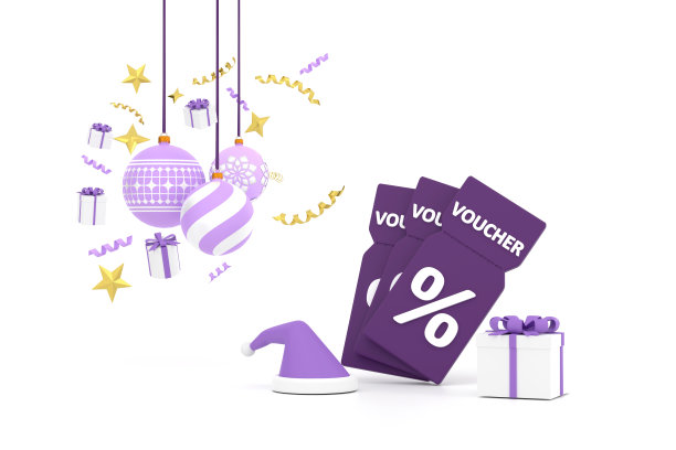 有百分率的新年券。有圣诞球、礼品盒和彩带图片下载