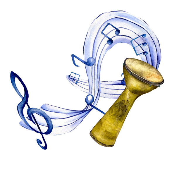 高音谱号，音符和康加水彩插图在白色。图片下载