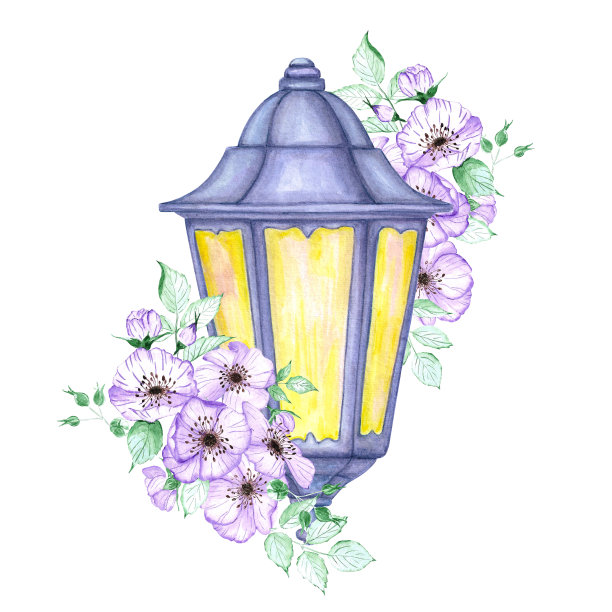 手绘水彩蓝色灯笼与海葵。剪贴簿设计，排版海报，标签，横幅，明信片。图片下载