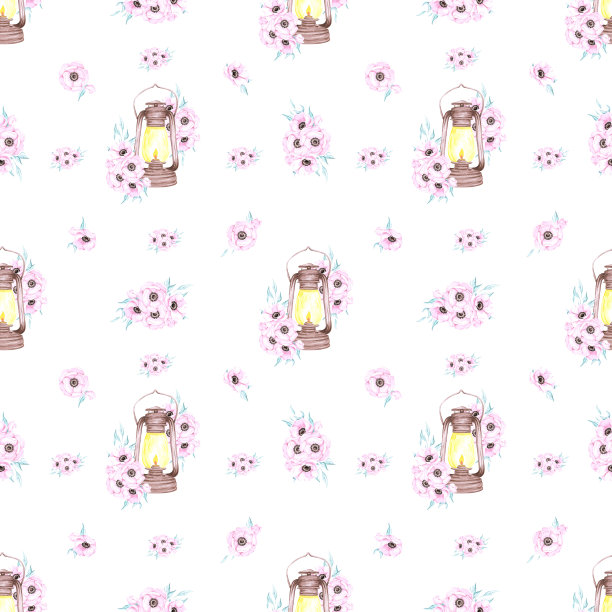 手绘水彩棕色灯笼与海葵无缝图案。剪贴簿设计，排版海报，标签，横幅，明信片。图片下载