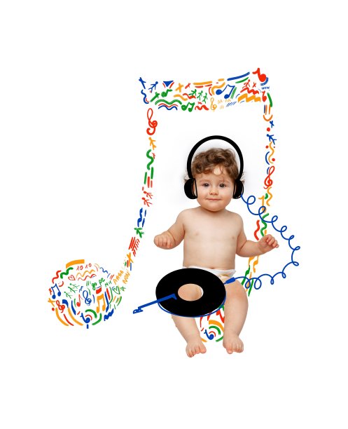 创意色彩设计。当代艺术拼贴。小男孩穿着尿布戴着充满想象力的耳机玩着黑胶。音乐家图片下载