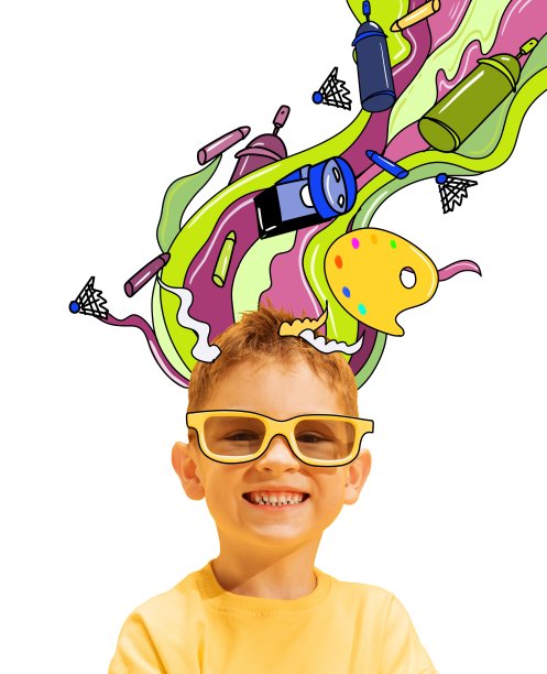 创意色彩设计。当代艺术拼贴。快乐、开朗的男孩，梦想成为艺术家或运动员的孩子。流图片下载