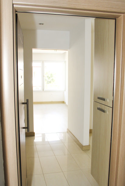 公寓内走廊的室内设计，白墙褐门图片下载
