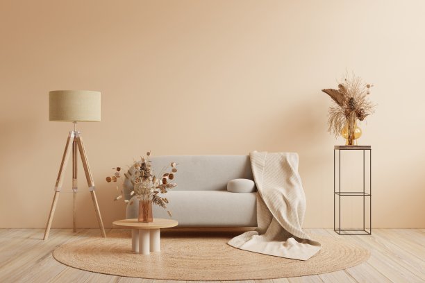 波西米亚风格的室内，灰色沙发和奶油色墙壁装饰。图片下载