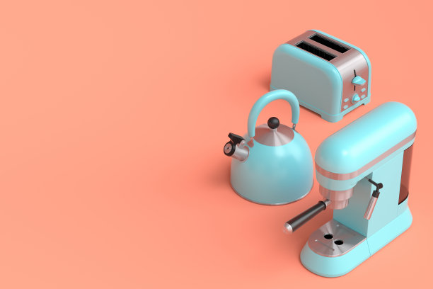 水壶，烤面包机，咖啡机喇叭和珊瑚背景多锅图片下载