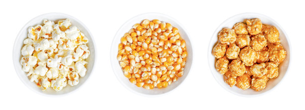 爆米花，不爆的，爆的，涂上焦糖的，放在白色的碗里图片下载