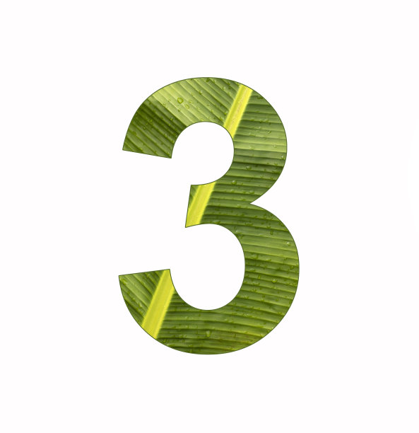 数字3，香蕉植物叶子背景上的数字图片下载
