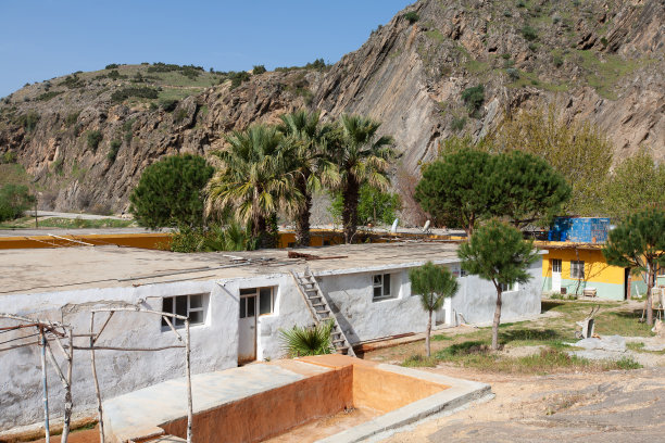 在土耳其的一个村庄里，在山间的棕榈树之间有一间简陋的房子。图片下载
