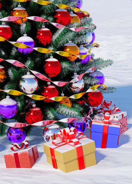 3 d-rendring。装饰过的圣诞树。在白雪覆盖的田野上，一棵顶上有星星的圣诞树。图片下载