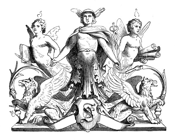 印刷的章节装饰与神话人物:赫尔墨斯的商业之神和狮鹫图片下载