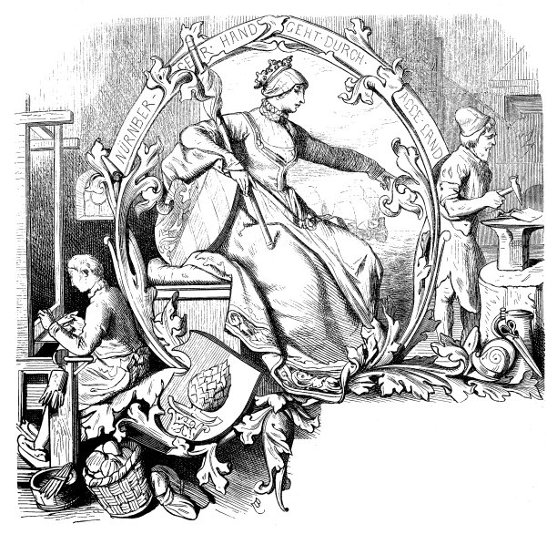 一本德国书的印刷术扉页:中世纪工业的寓言与神话人物和工人图片下载