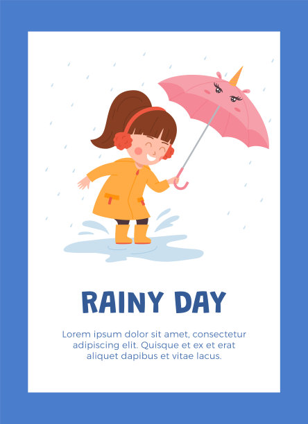 可爱的孩子女孩与独角兽伞跳在水坑，雨天海报模板，平面矢量插图。图片下载