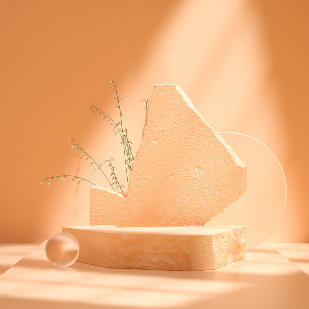 美丽的色彩柔和的天然石头讲台与植物，背景为产品演示- 3D渲染图片下载