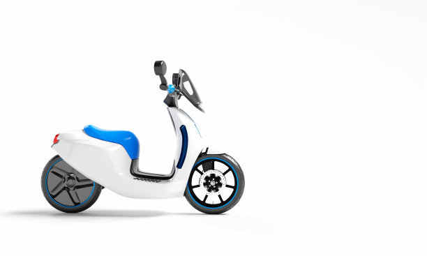 电动摩托车与充电站在孤立的白色背景。绿色能源技术与交通理念。3D插画渲染图片下载