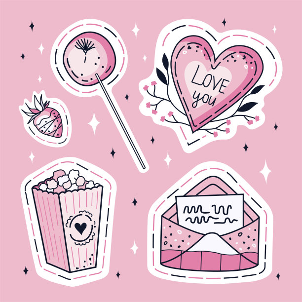 情人节!一套情人节贴纸。剪贴画有情书，爆米花，棒棒糖，心形和草莓。手绘向量。图片下载