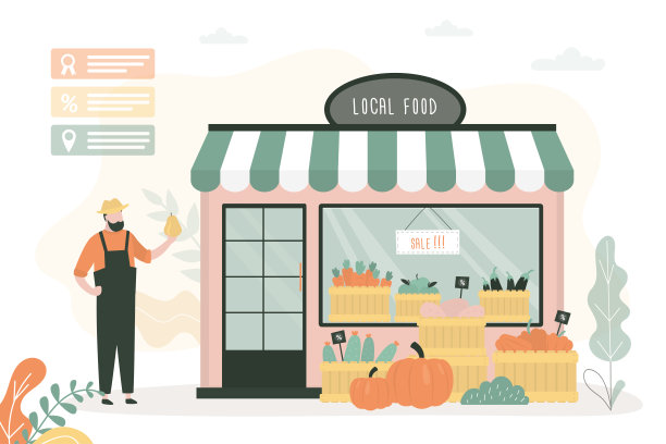 商人或商贩介绍当地有机食品商店。小农场食品店附近的店主。农产品在店面。超市里的杂货、蔬菜和水果。图片下载