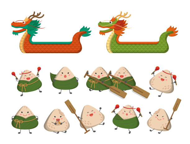 卡通矢量集漫画卡通人物吉祥物和龙舟为端午节粽子图片下载