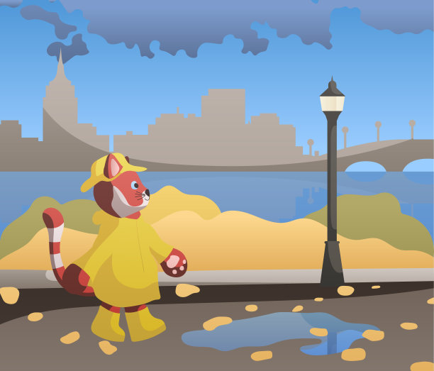 秋天城市公园的插图。一只穿着黄色雨衣的小熊猫沿着堤岸走。绿色和黄色的灌木丛，背景是一座城市，一根柱子。准备在您的设计中使用eps图片下载