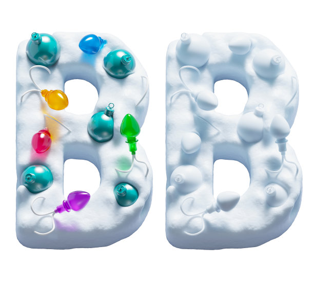 雪字体。彩灯花环和圣诞玩具。字母B图片下载