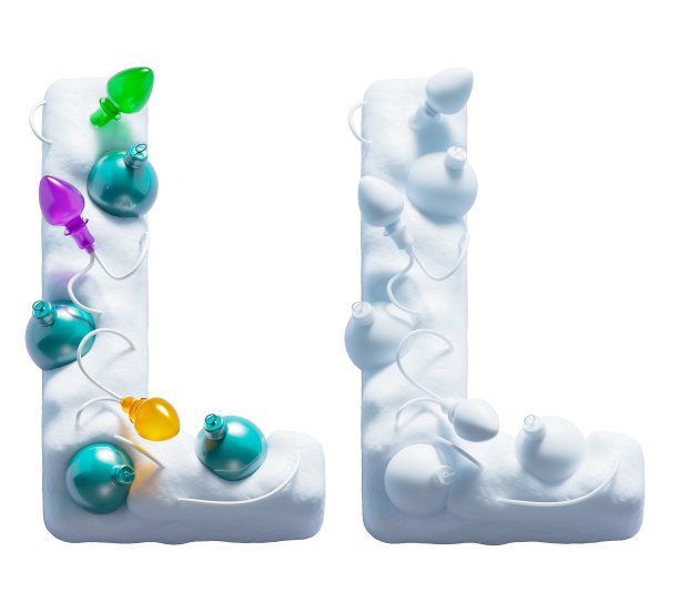 雪字体。彩灯花环和圣诞玩具。字母L图片下载