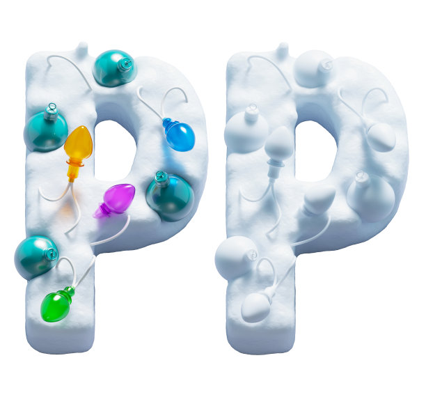 雪字体。彩灯花环和圣诞玩具。字母P图片下载