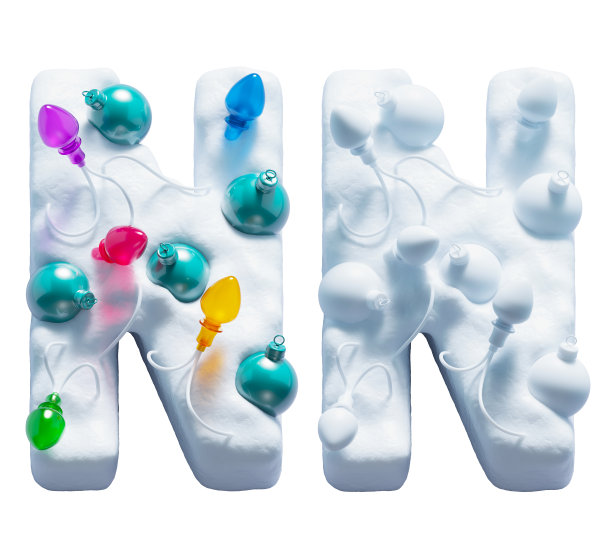 雪字体。彩灯花环和圣诞玩具。字母N图片下载