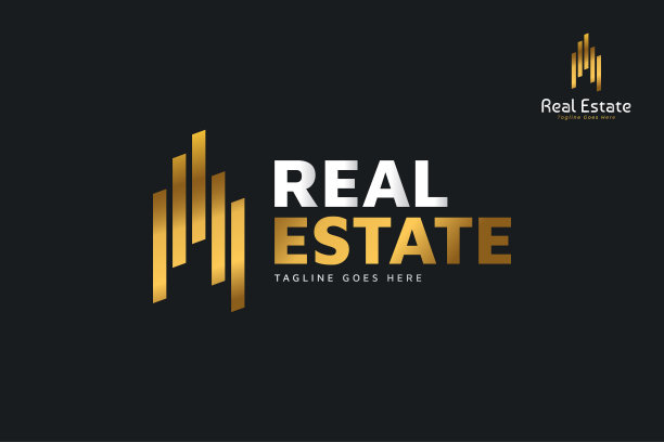 房地产标志在黄金梯度与抽象概念。建筑，建筑或建筑标志设计模板图片下载