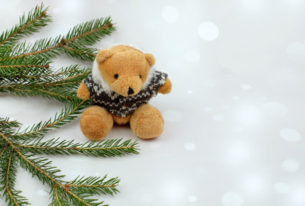 圣诞装饰松枝和熊玩具在灰色背景与复制空间图片下载
