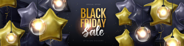 黑色星期五大减价印刷海报与黑色和金色星形气球。矢量图图片下载
