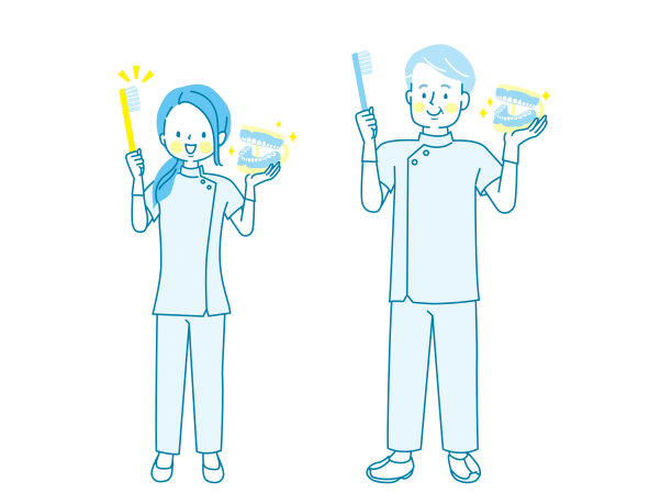 男女牙科保健师教刷牙矢量插图图片下载