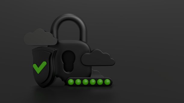 概念安全屏蔽锁和检查标记。云暗金属风格图标。暗黑色背景的网络保护。三维渲染图片下载