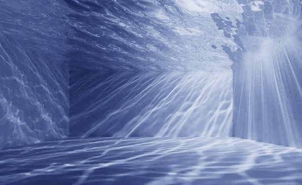 3d渲染，抽象背景。水下的游泳池空无一人，阳光刺眼图片下载