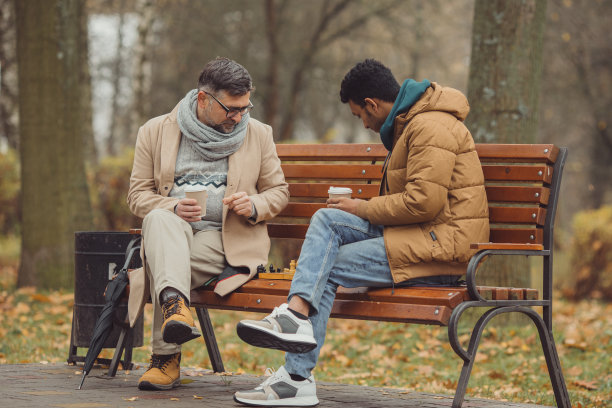 多民族的男子在秋天公园的长凳上下棋。图片下载