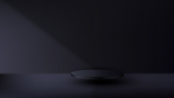 3D逼真的黑色底座在黑暗场景工作室房间背景上漂浮在空中图片下载