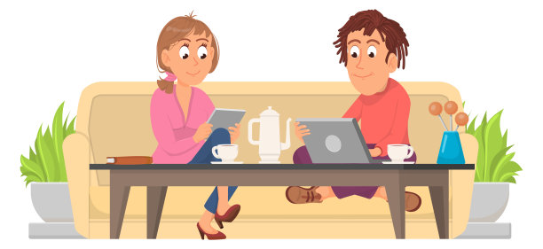 男男女女在咖啡馆使用电子设备。一对夫妇单独在白色餐桌上吃午餐图片下载