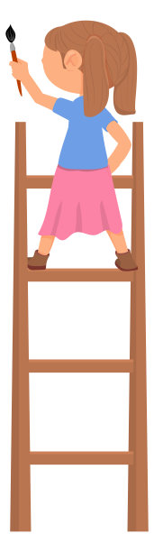 女孩在梯子上用画笔刷墙。创造性的孩子孤立在白色上图片下载