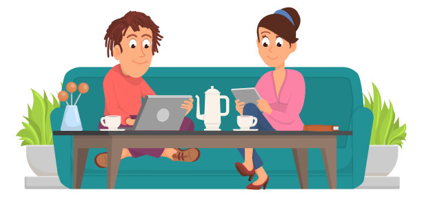 夫妻一起喝咖啡。男人和女人坐在沙发上，拿着笔记本电脑图片下载